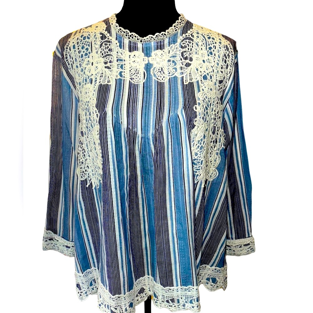 Sundance Blue Striped Button-Down Top with Cream Lace